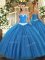 Blue Ball Gowns Tulle Sweetheart Sleeveless Appliques Floor Length Lace Up Sweet 16 Quinceanera Dress