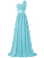 Shining Aqua Blue Lace Up One Shoulder Ruching Quinceanera Court of Honor Dress Chiffon Sleeveless