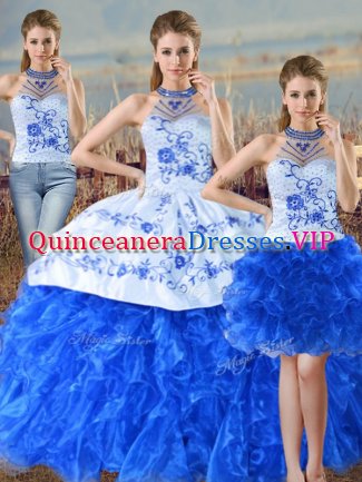 Blue And White Three Pieces Halter Top Sleeveless Organza Floor Length Lace Up Embroidery and Ruffles Quinceanera Gowns