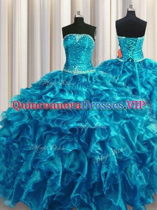 Teal Sleeveless Beading and Ruffles Floor Length Quinceanera Gown