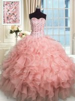 Rose Pink Sleeveless Floor Length Beading and Ruffles Lace Up 15th Birthday Dress