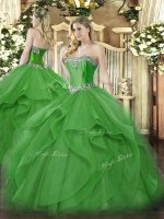 Floor Length Green Ball Gown Prom Dress Tulle Sleeveless Beading and Ruffles