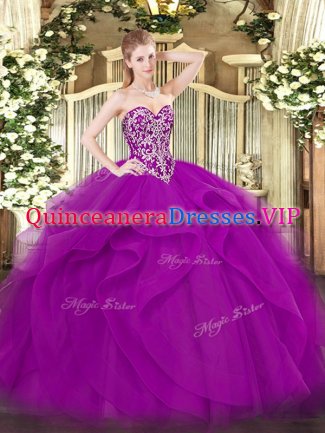 Popular Fuchsia Sweetheart Neckline Beading and Ruffles 15th Birthday Dress Sleeveless Lace Up