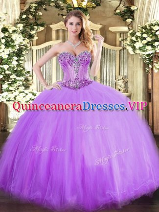 High Class Floor Length Lavender Sweet 16 Dress Tulle Sleeveless Beading