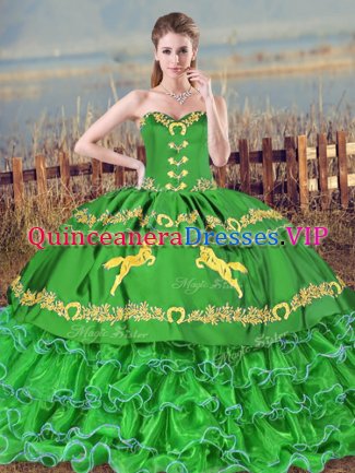 Sexy Sleeveless Embroidery and Ruffled Layers Lace Up Quinceanera Dresses with Green Brush Train