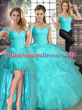 Fancy Aqua Blue Off The Shoulder Neckline Beading and Ruffles Quinceanera Dress Sleeveless Lace Up