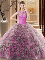 Suitable Multi-color Lace Up Scoop Beading 15th Birthday Dress Fabric With Rolling Flowers Sleeveless Sweep Train