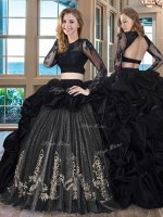 Backless Scoop Long Sleeves Quinceanera Gown With Brush Train Embroidery and Pick Ups Black Taffeta(SKU SXQD122-1BIZ)