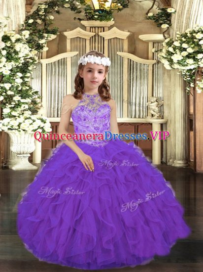 Trendy Purple Tulle Lace Up Child Pageant Dress Sleeveless Floor Length Beading and Ruffles - Click Image to Close