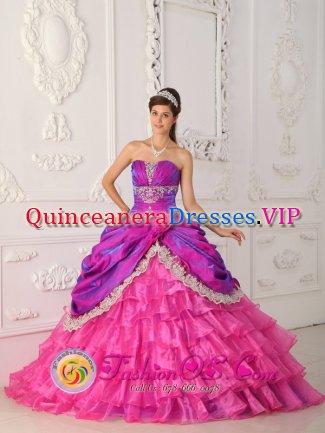 Hot Pink Ruffles Layered Horsham VIC Quinceanera Dress With Appliques and Lace