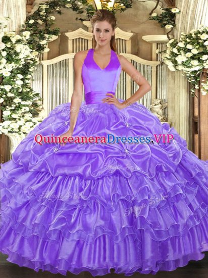 Noble Halter Top Sleeveless Lace Up Quince Ball Gowns Lavender Organza - Click Image to Close