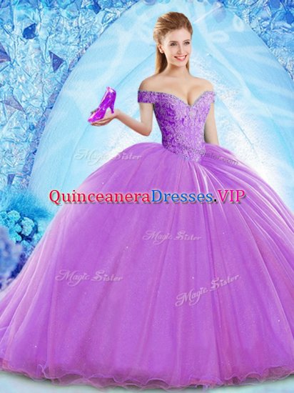 Flirting Lavender Ball Gowns Organza Off The Shoulder Sleeveless Beading Lace Up Sweet 16 Dresses Brush Train - Click Image to Close