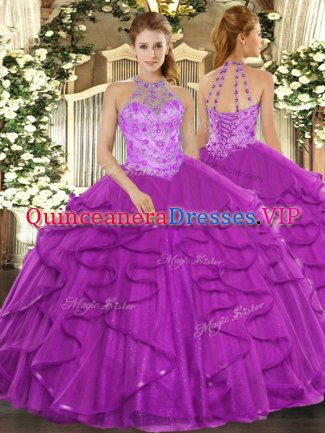 Purple Lace Up 15th Birthday Dress Beading and Ruffles Sleeveless Floor Length