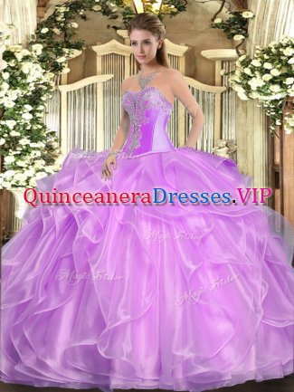 Lilac Ball Gowns Beading and Ruffles Sweet 16 Dress Lace Up Organza Sleeveless Floor Length