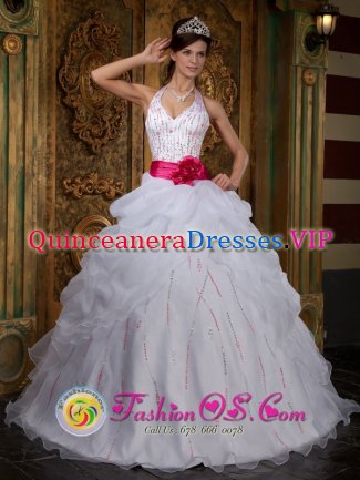 Waitsfield Vermont/VT A-line White Halter Beaded Decorate Bust and Contrasting Sash Quinceanera Dress With Pick-ups Organza Floor-length