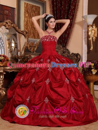 Le Plessis-Robinson France Customize Pick-ups and Appliques Wine Red Strapless Taffeta Quinceanera Dress