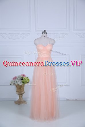 Noble Sweetheart Sleeveless Dama Dress for Quinceanera Floor Length Ruching Peach Tulle