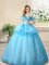 Off the Shoulder Baby Blue Organza Lace Up Quinceanera Dress Sleeveless Floor Length Beading and Appliques