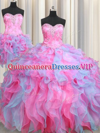 Customized Three Piece Multi-color Organza Lace Up Sweetheart Sleeveless Floor Length Vestidos de Quinceanera Beading and Ruffles