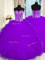 Purple Sweetheart Lace Up Beading and Ruffles Vestidos de Quinceanera Sleeveless