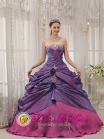 Olanchito Honduras Informal Purple and Fuchsia Appliques Decorate Bodice Sweet 16 Dress Strapless Taffeta Quinceanera Gowns