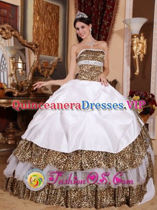 Beading Decorate Bodice Informal White Quinceanera Dress Strapless and sexy Leopard Ball Gown In Paradise Valley AZ　