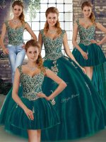 Dynamic Sleeveless Floor Length Beading and Appliques Lace Up 15th Birthday Dress with Peacock Green(SKU SJQDDT2130008BIZ)