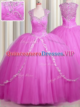 Sophisticated See Through Sweetheart Cap Sleeves Tulle Sweet 16 Quinceanera Dress Beading and Appliques Brush Train Zipper