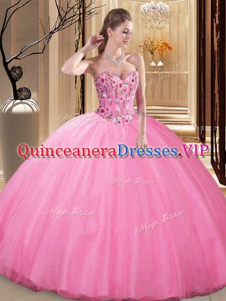 Rose Pink Tulle Lace Up Sweetheart Sleeveless Floor Length 15th Birthday Dress Embroidery