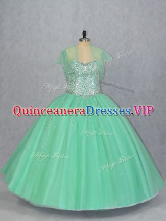 Apple Green Ball Gowns Tulle Sweetheart Sleeveless Beading Floor Length Lace Up 15th Birthday Dress