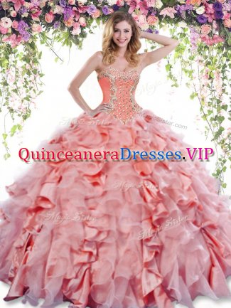 Fitting Watermelon Red Ball Gowns Organza and Taffeta Sweetheart Sleeveless Beading and Ruffles Floor Length Lace Up 15 Quinceanera Dress