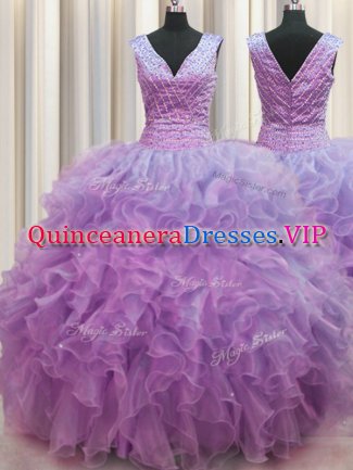 Fine Zipper Up Lilac Zipper V-neck Ruffles 15th Birthday Dress Organza Sleeveless