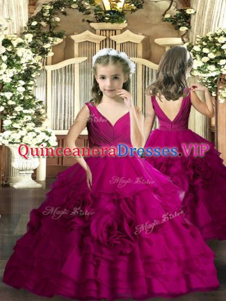 V-neck Sleeveless Backless Beading Kids Pageant Dress in Fuchsia