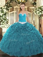 Floor Length Lace Up Quince Ball Gowns Teal for Military Ball and Sweet 16 and Quinceanera with Appliques and Ruffles