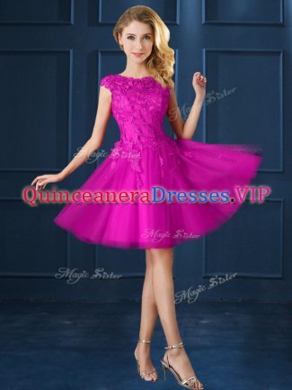 Tulle Bateau Cap Sleeves Lace Up Lace and Belt Dama Dress in Fuchsia