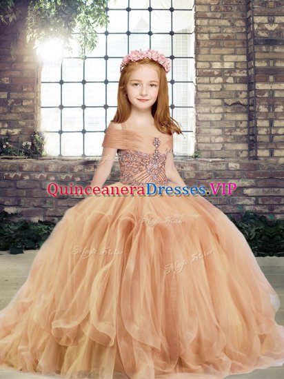 Champagne Ball Gowns Beading Little Girl Pageant Gowns Lace Up Tulle Sleeveless Floor Length - Click Image to Close