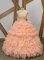 Customized Peach Quince Ball Gowns Organza Sweep Train Sleeveless Beading and Ruffles and Pick Ups