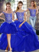 Cheap Sleeveless Tulle Brush Train Lace Up Quinceanera Gown in Royal Blue with Beading and Ruffles