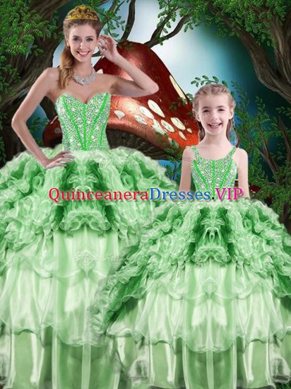 Green Sleeveless Floor Length Beading and Ruffles and Ruffled Layers Lace Up Quince Ball Gowns - Click Image to Close