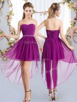 Purple Chiffon Lace Up Strapless Sleeveless High Low Damas Dress Beading(SKU BMT0413BIZ)