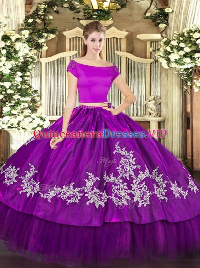 Attractive Organza and Taffeta Off The Shoulder Short Sleeves Zipper Embroidery Quinceanera Dresses in Purple - Click Image to Close