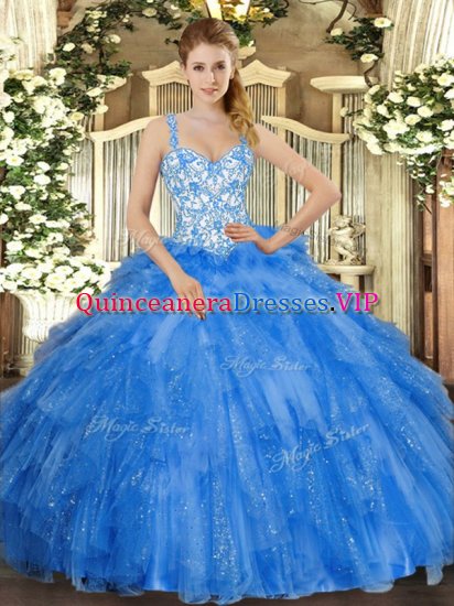 Admirable Blue Straps Neckline Beading and Ruffles Quinceanera Dresses Sleeveless Lace Up - Click Image to Close