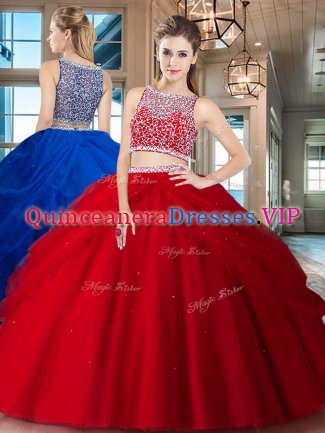 Great Red Two Pieces Beading and Pick Ups 15 Quinceanera Dress Side Zipper Tulle Sleeveless Floor Length