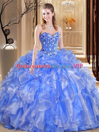 Fancy Floor Length Blue Quinceanera Gowns Organza Sleeveless Beading and Embroidery and Ruffles - Click Image to Close