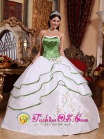 Tamboril Dominican Republic Spring Green and White For Stylish Quinceanera Dress Strapless Organza Embroidery