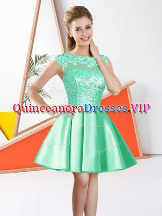 Deluxe Apple Green Sleeveless Beading and Lace Knee Length Dama Dress for Quinceanera