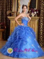 Classical Strapless Blue Sweetheart Organza Quinceanera Dress With Ruffles Decorate In Prattville Alabama/AL