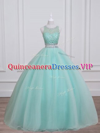 Graceful Aqua Blue Military Ball Gown Sweet 16 and Quinceanera with Beading Scoop Sleeveless Lace Up