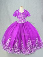 Purple Lace Up Little Girl Pageant Dress Beading and Embroidery Sleeveless Floor Length