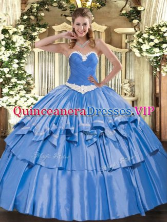 Sleeveless Organza and Taffeta Floor Length Lace Up Ball Gown Prom Dress in Blue with Appliques and Ruffled Layers